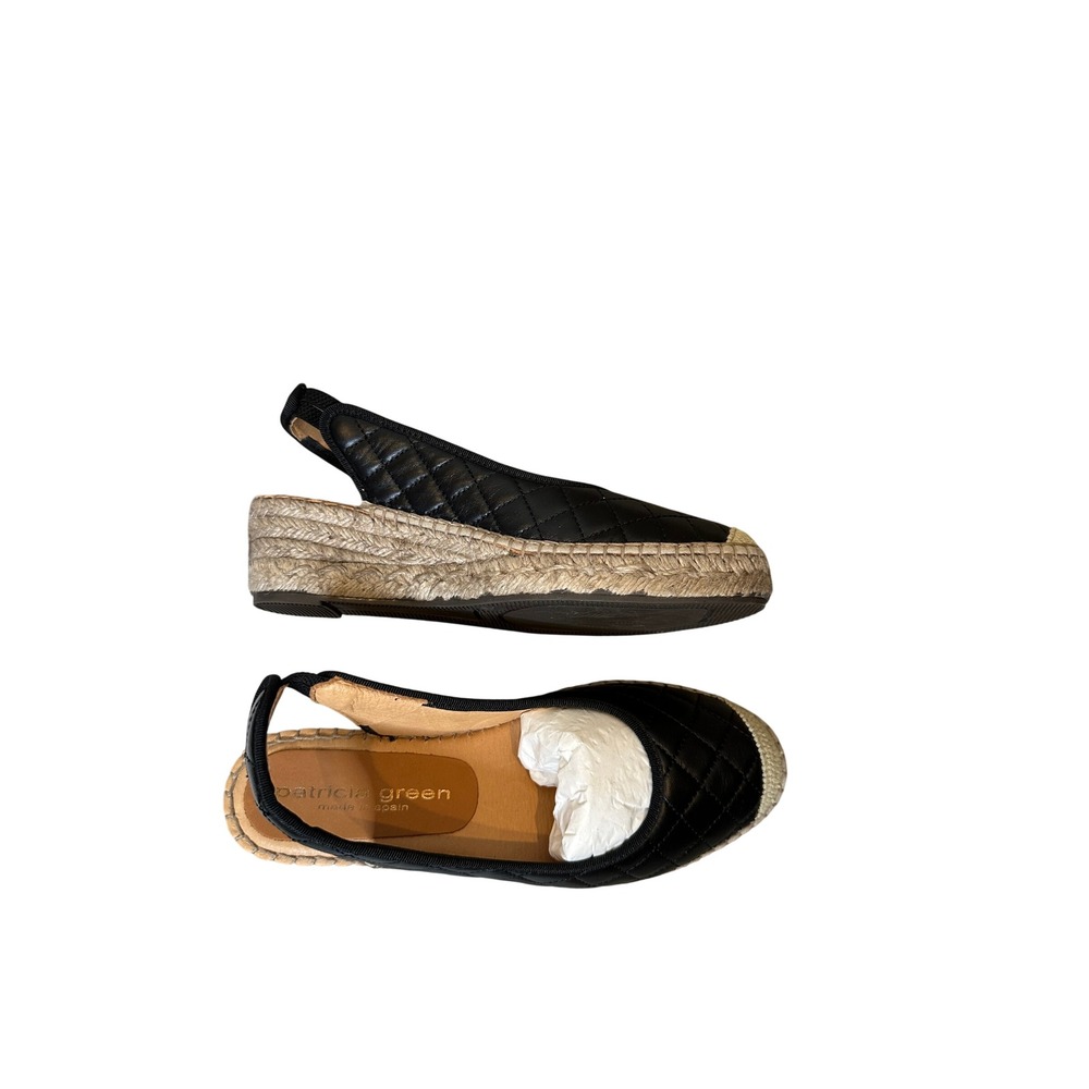 Patricia Green Black Quilted Leather Espadrille Wedge Sandals Spain Womens 7